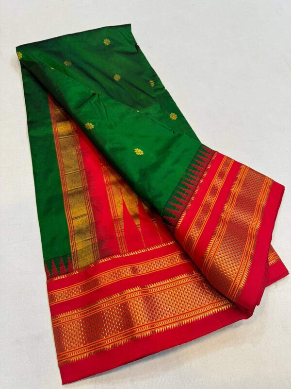 Bottle Green and Red  Border - Traditional Handwoven Ilkaal Butta Saree online