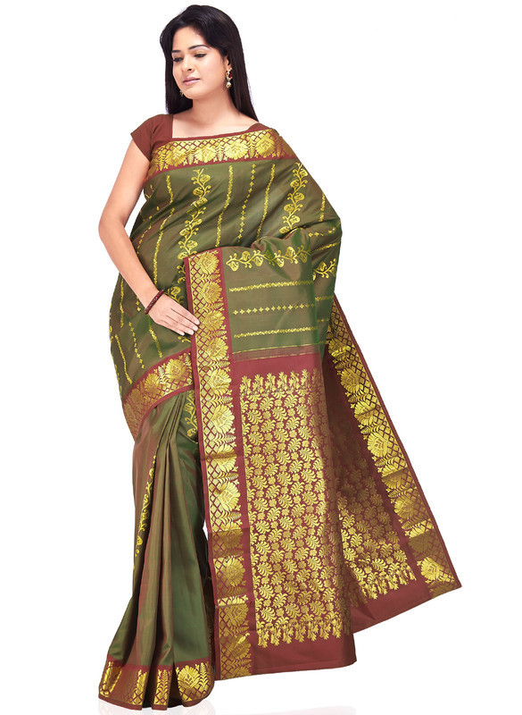 Mehandi Green with Maroon Kanchipuram Pure Silk Saree