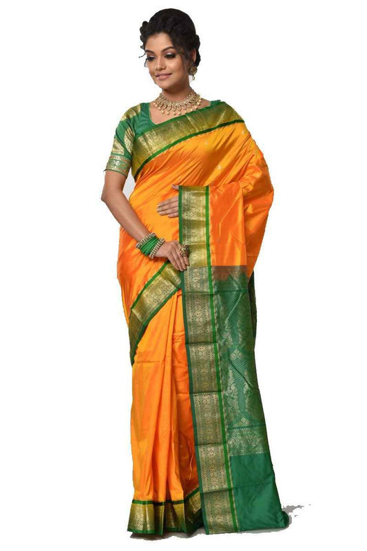Orange with Green Kanchipuram Silk Sarees Online Kanjeevaram sarees online  Traditional Kanchipuram Sarees  buy online Kancheepuram sarees