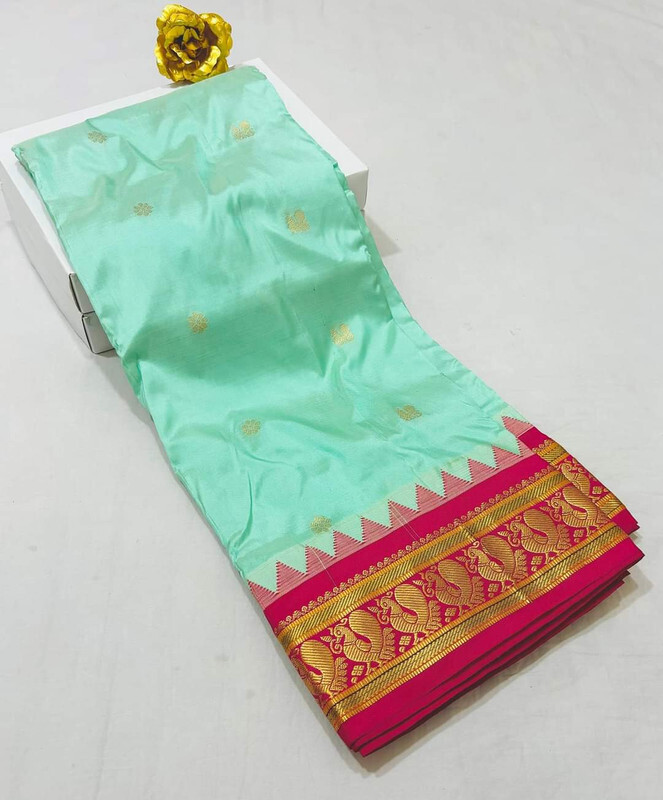 Peach Green Gadwal Paithani  Paithanistore