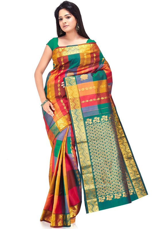 Multi Colour Kanchipuram Pure Silk Saree with Silk Mark