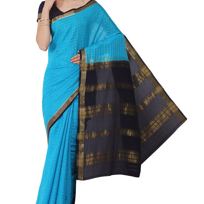 Anandha Blue and Royal Blue Checks Ksic silk Saree  Mysore Silk Sarees  Mysore Silk Sarees Online  KSIC