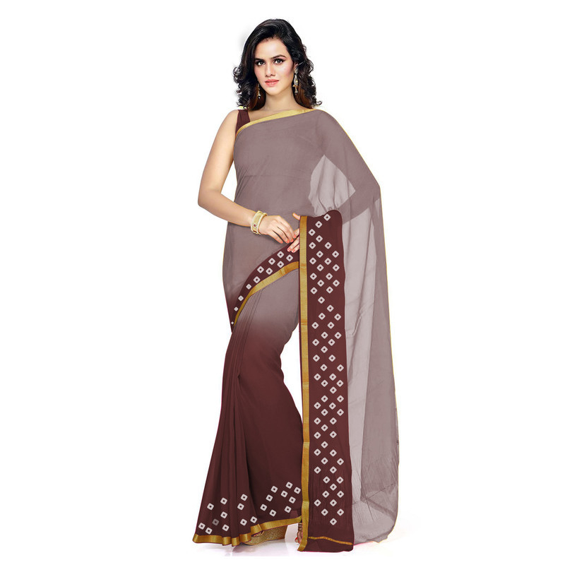 Grey and Brown Silk chiffon Saree Pure Chiffon Sarees  Bandhani saree  Traditional Bandhani sarees