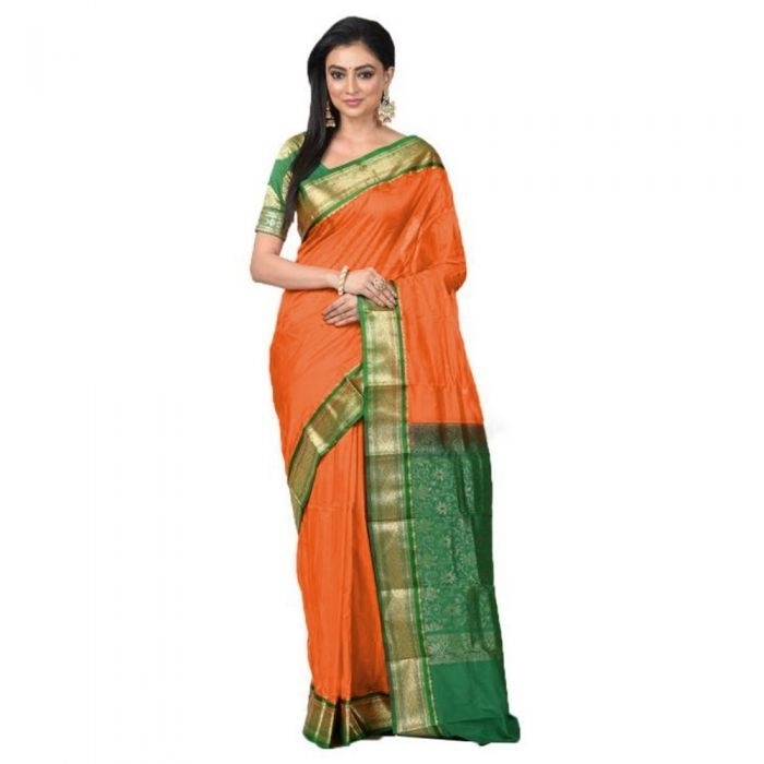 Orange and Green Kanchipuram Silks Sarees Online  Kanjeevaram Silks  Buy Kanchipuram Pattu Sarees  Silk Sarees