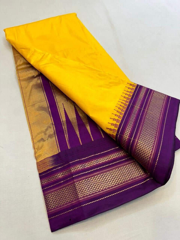 Golden Yellow and Magenta contrast - Traditional Handloom Ilkaal saree online