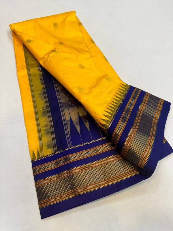Golden Yellow and Royal Blue Border - Traditional Handwoven Ilkaal Butta Saree Online
