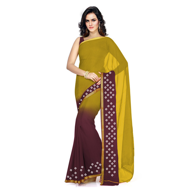 Yellow and Brown Silk chiffon Saree Pure Chiffon Sarees  Bandhani saree  Traditional Bandhani sarees