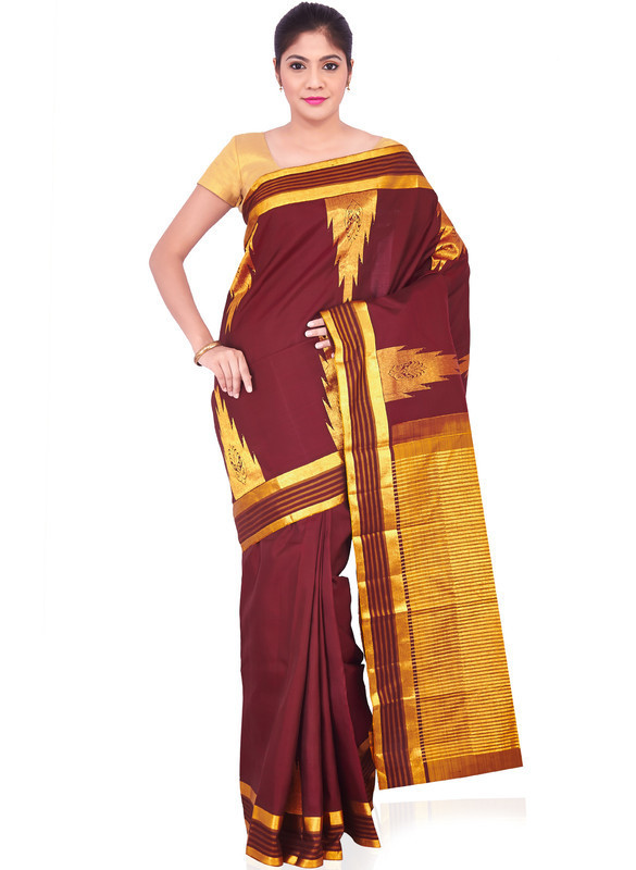 Maroon with Golden Temple Border Handwoven Kanchipuram Pure Silk Saree with Silk Mark