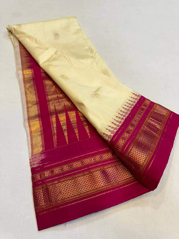 Off White and Rani Border - Traditional Handwoven Ilkaal Butta Saree online