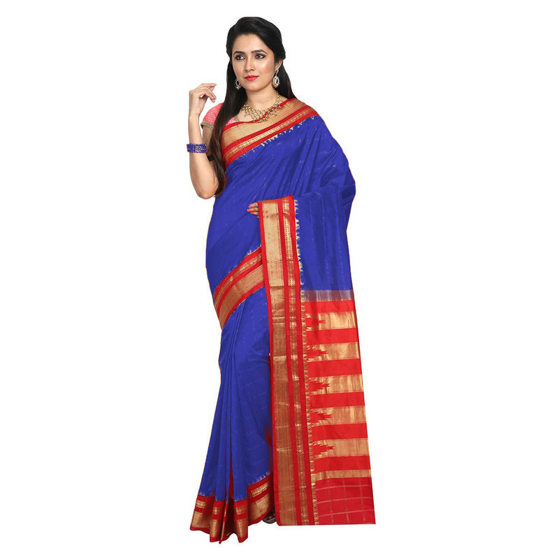 Ilkal Sarees Traditional Ilkal Silk Saree in Ink Blue and Red Border