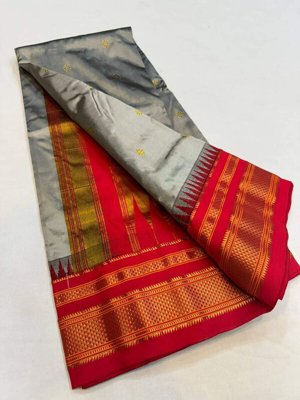 Metallic Grey and Red  Border - Traditional Handwoven Ilkaal Butta Saree online