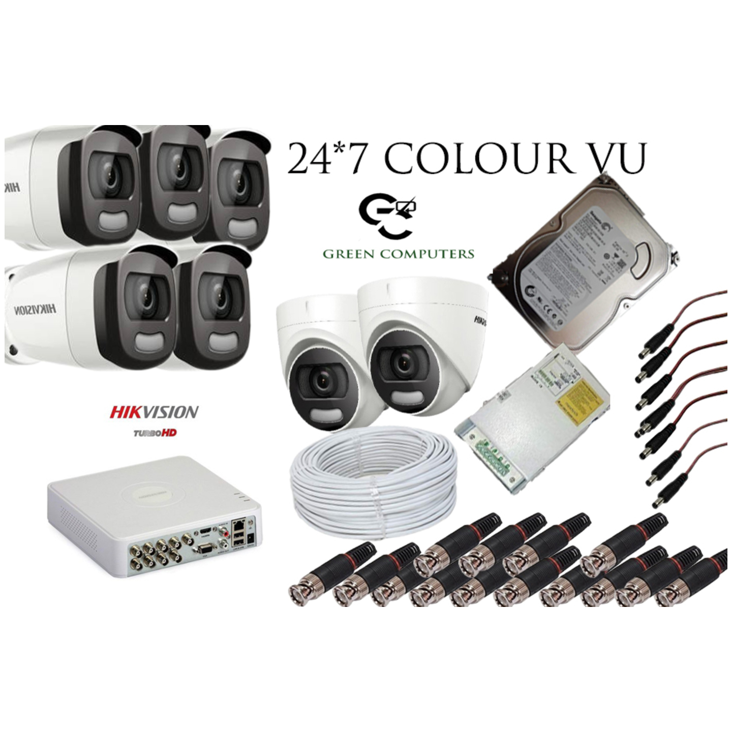 2MP 247 Colour view - Hikvision Set Of 2+5 Dome And Bullet Cctv Camera, 1TB Harddisk With 8 Ch Dvr Along With Accessories