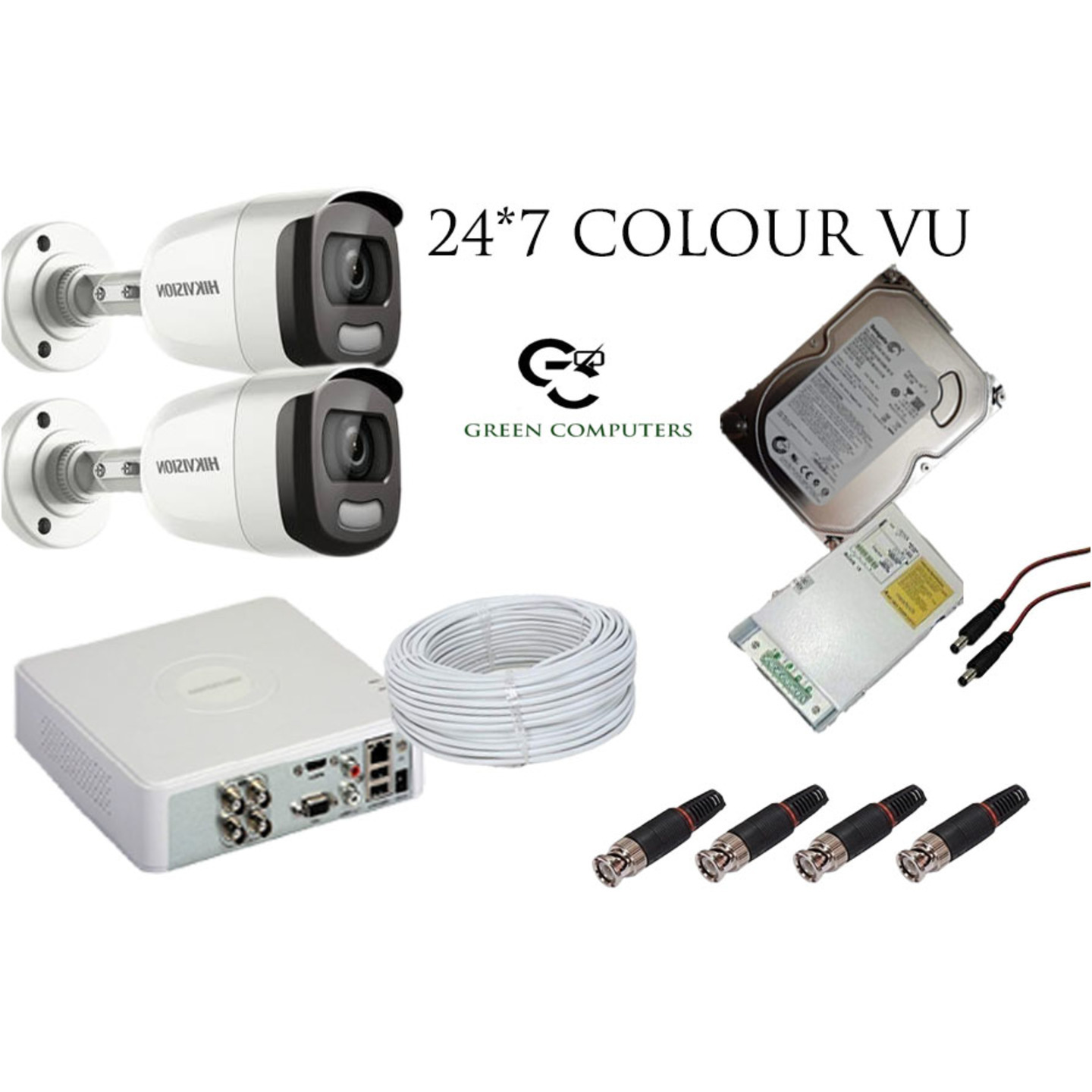 2MP 24*7 Colour view - Hikvision Set Of 2 Bullet Cctv Camera,500gb Harddisk With 4 Ch Dvr Along With Accessories.