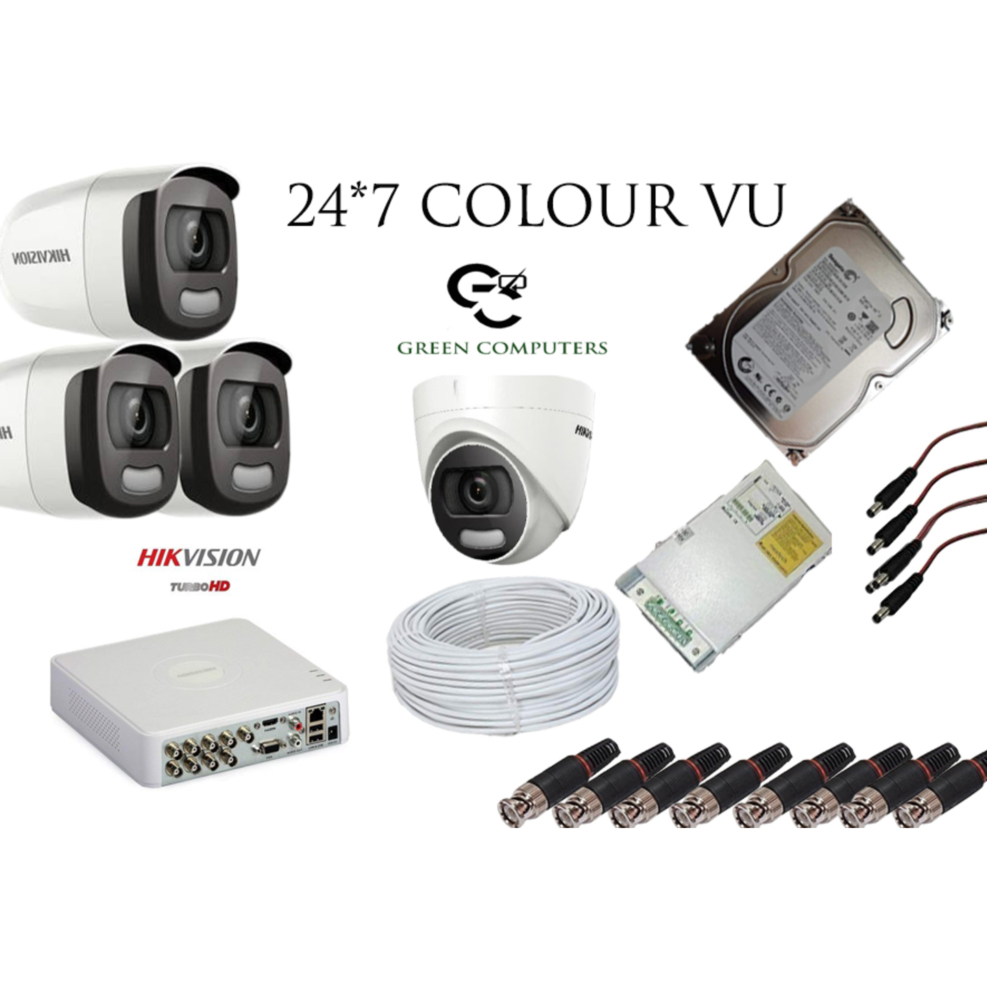 2MP 24*7 Colour view - Hikvision Set Of 1+3 Dome And Bullet Cctv Camera, 500GB Harddisk With 8 Ch Dvr Along With Accessories. .