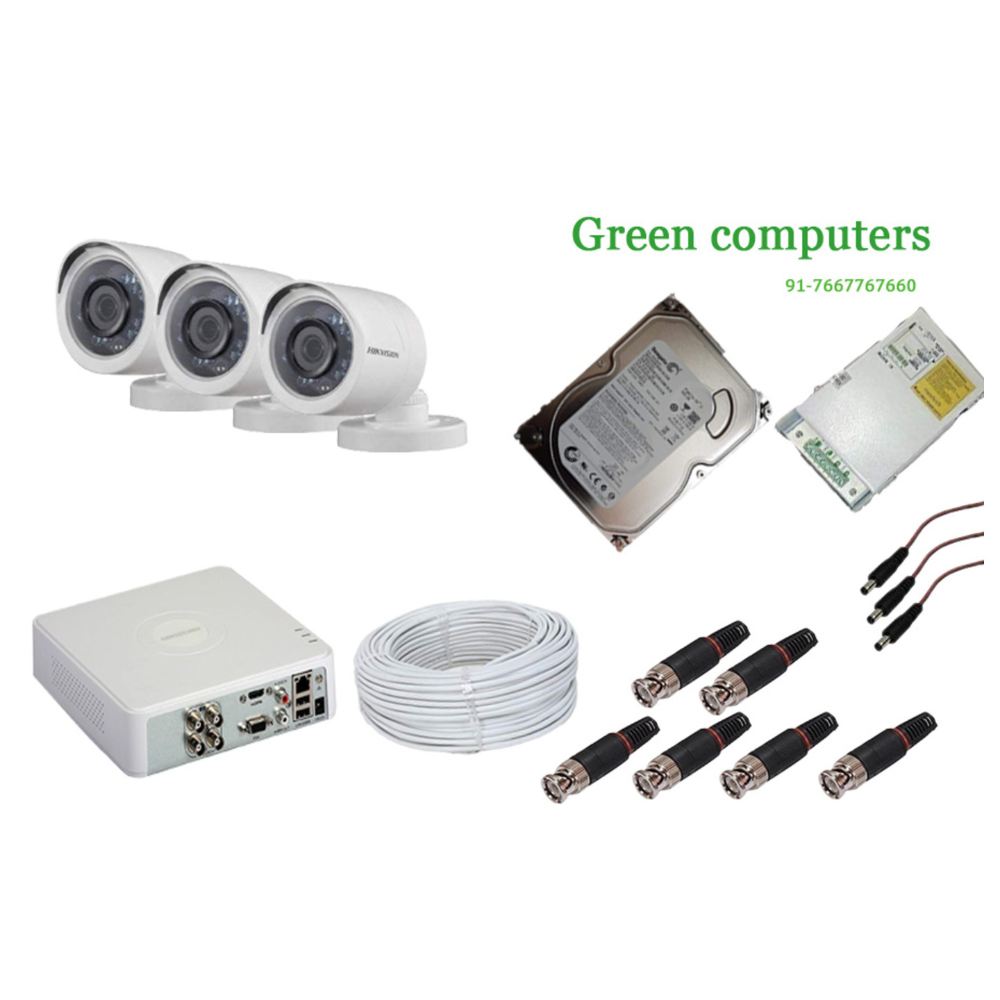 Hikvision Set Of 3 Bullet Cctv Camera,500gb Harddisk With 4 Ch Dvr Along With Accessories.