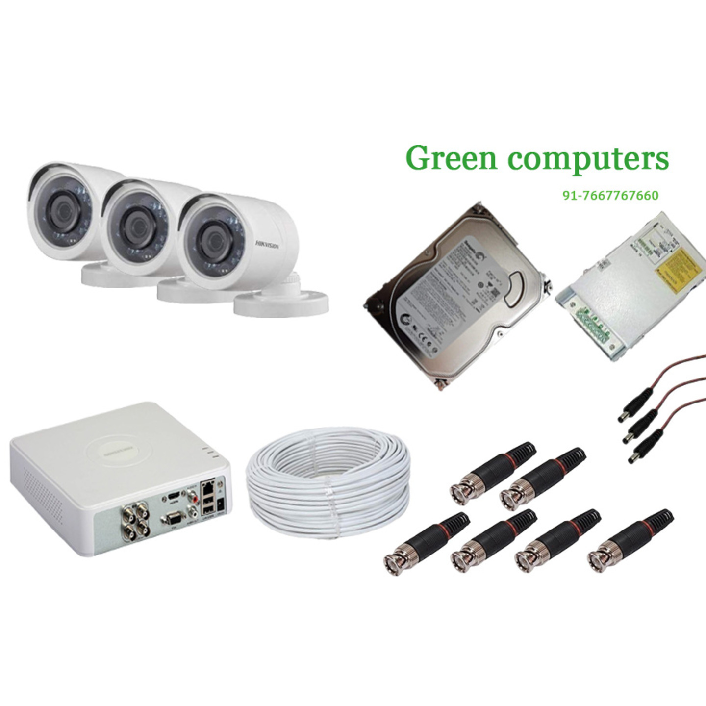 2MP Hikvision Set Of 3 Bullet Cctv Camera, 500GB Harddisk With 4 Ch Dvr Along With Accessories