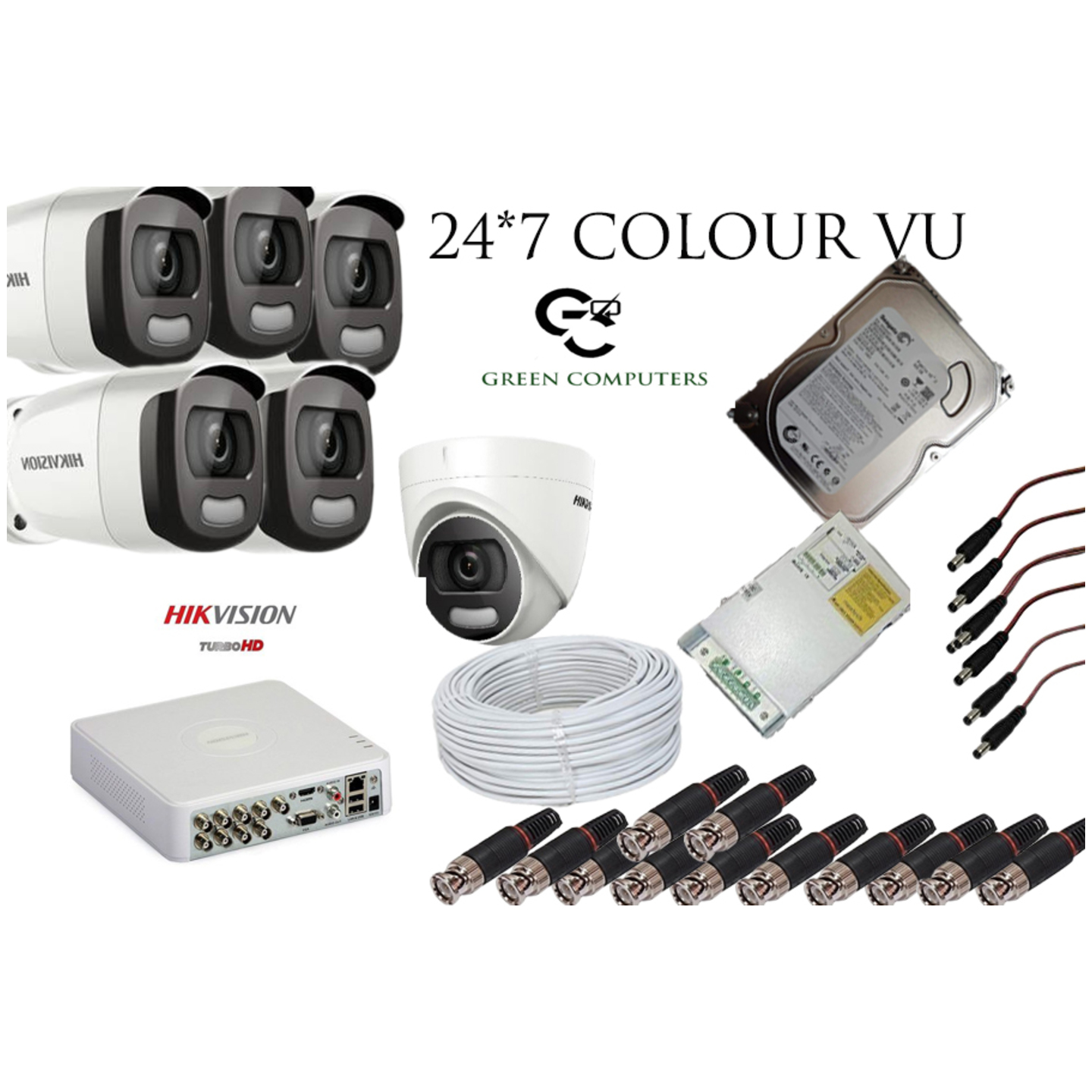 2MP 247 Colour view - Hikvision Set Of 1+5 Dome And Bullet Cctv Camera, 1TB Harddisk With 8 Ch Dvr Along With Accessories
