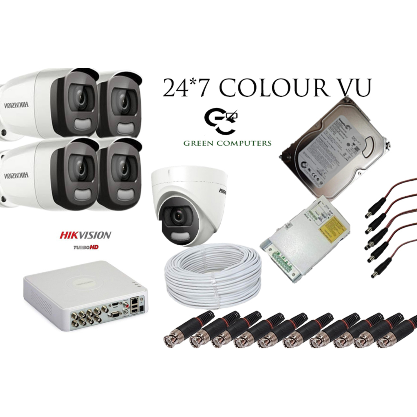2MP 24*7 Colour view - Hikvision Set Of 1+4 Dome And Bullet Cctv Camera, 1TB Harddisk With 8 Ch Dvr Along With Accessories