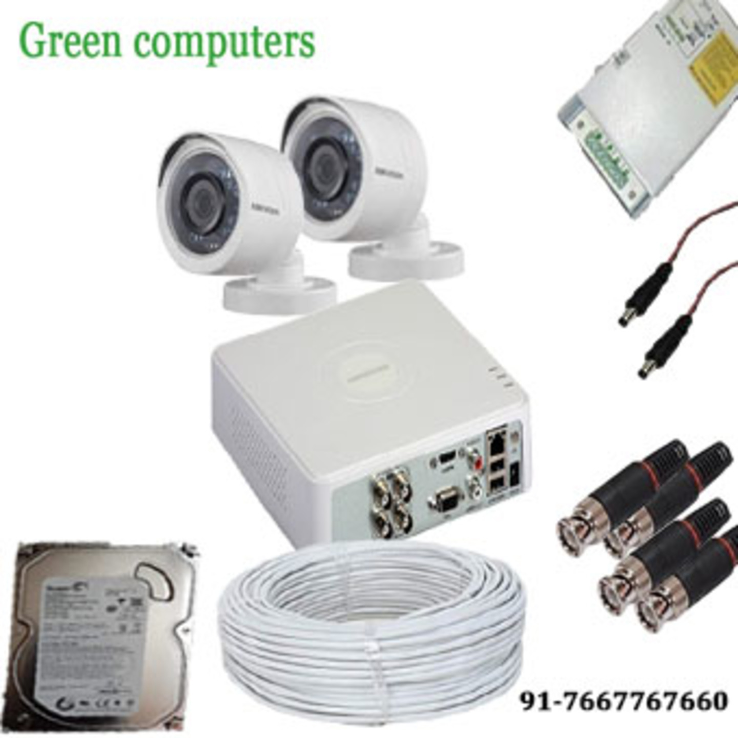 Hikvision Set Of 2 Bullet Cctv Camera,500gb Harddisk With 4 Ch Dvr Along With Accessories.