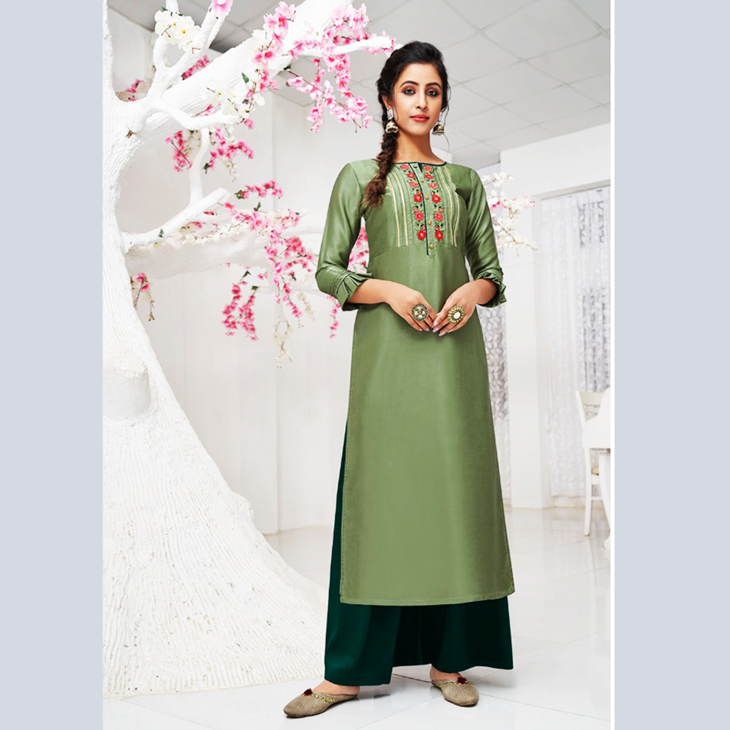 Talk By Fashion Women Heavy Silk Embroidered Kurti with Silk Palazzo Green