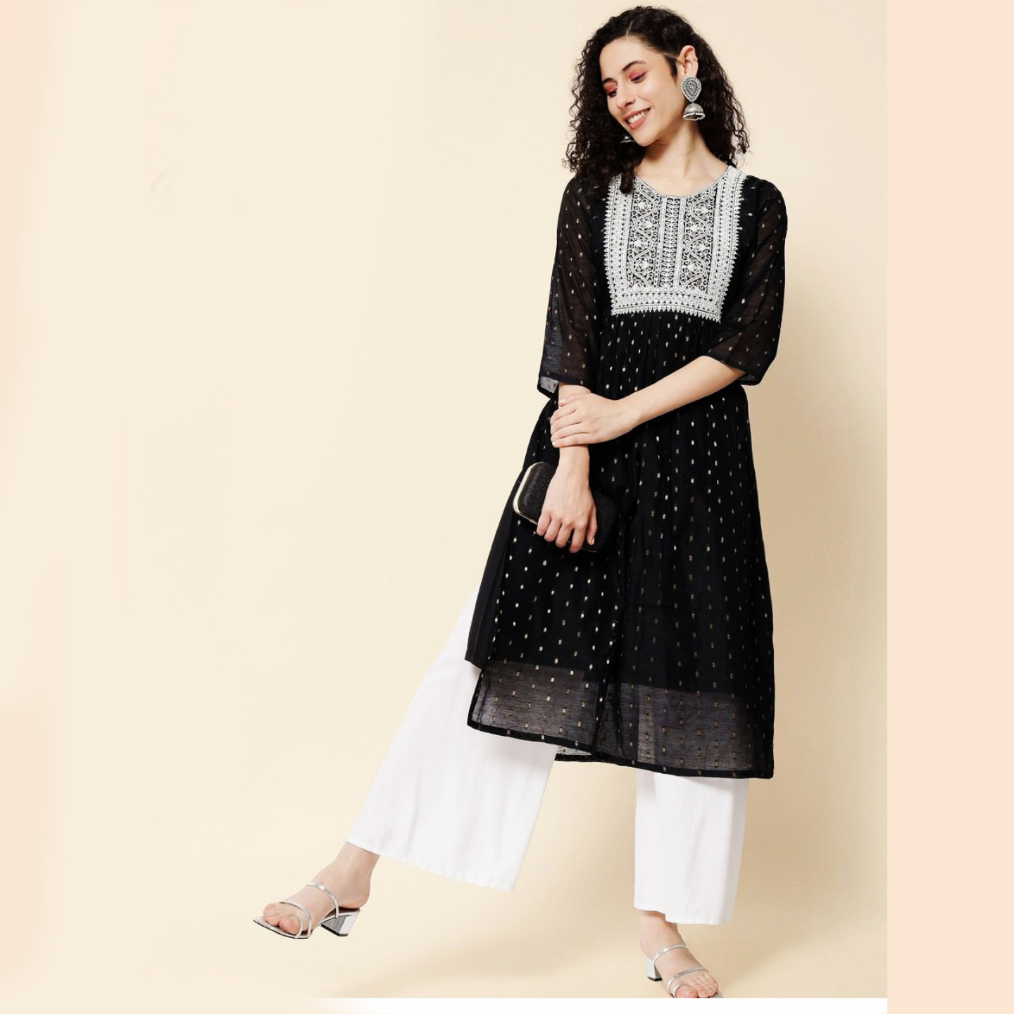 Talk By Fashion Women Viscose Chanderi Embroidered Naira Straight Kurti Black