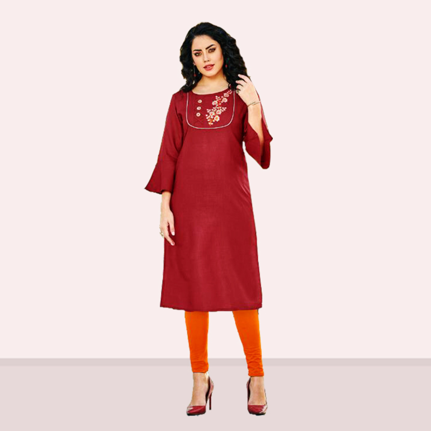Talk By Fashion Women Cotton Slub Embroidered Kurti Maroon