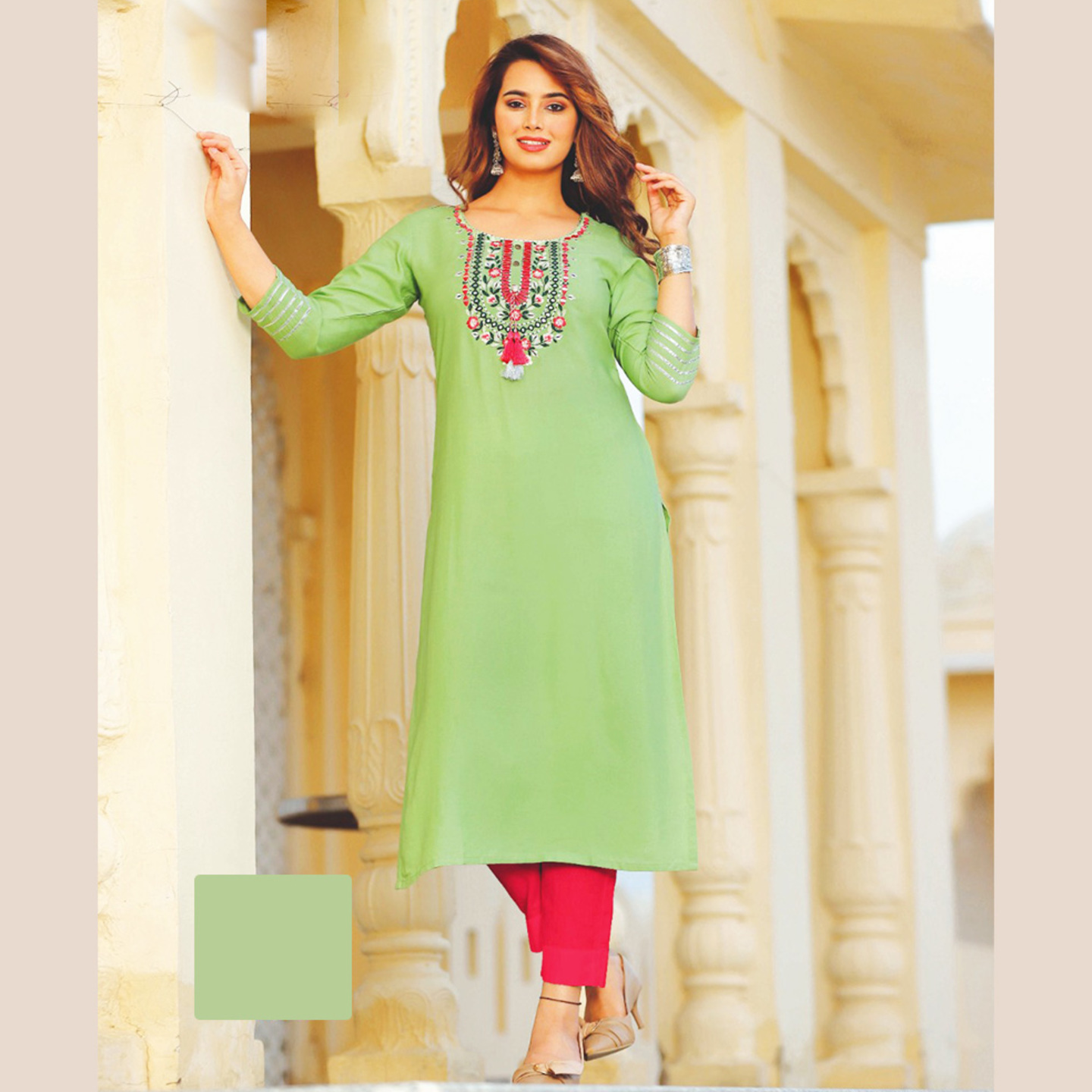 Liva Fashion Women Embroidered Pistachio Green Color A-line Kurti