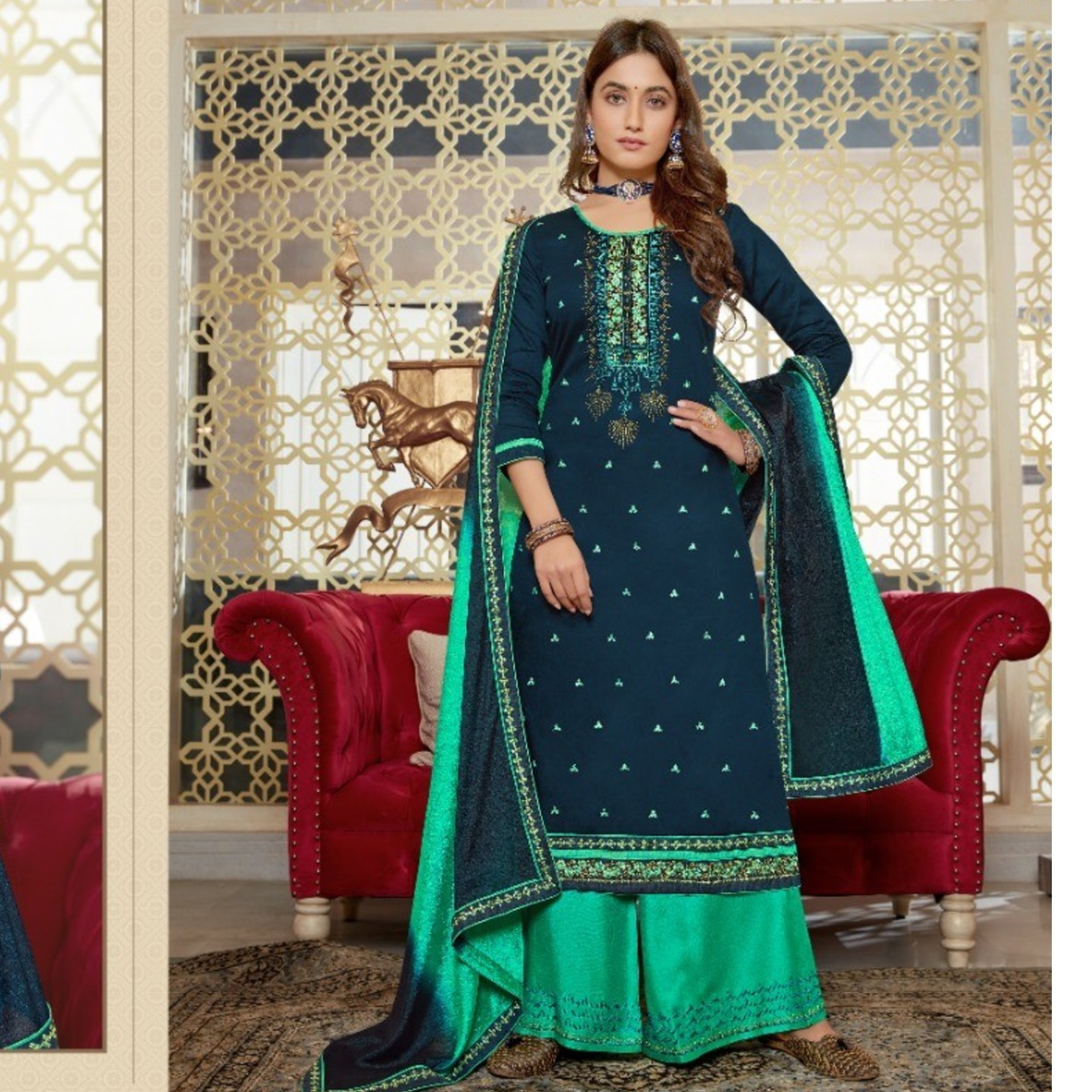 Women Dark Blue with Light Green Color Pure Jam Silk Embroidered Kessi Dress Material