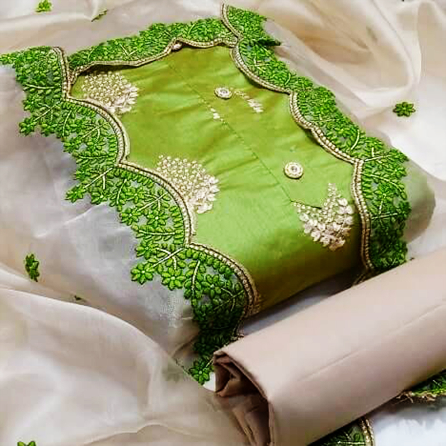 Women Chanderi Green Color Embroidered Unstitched Dress Material