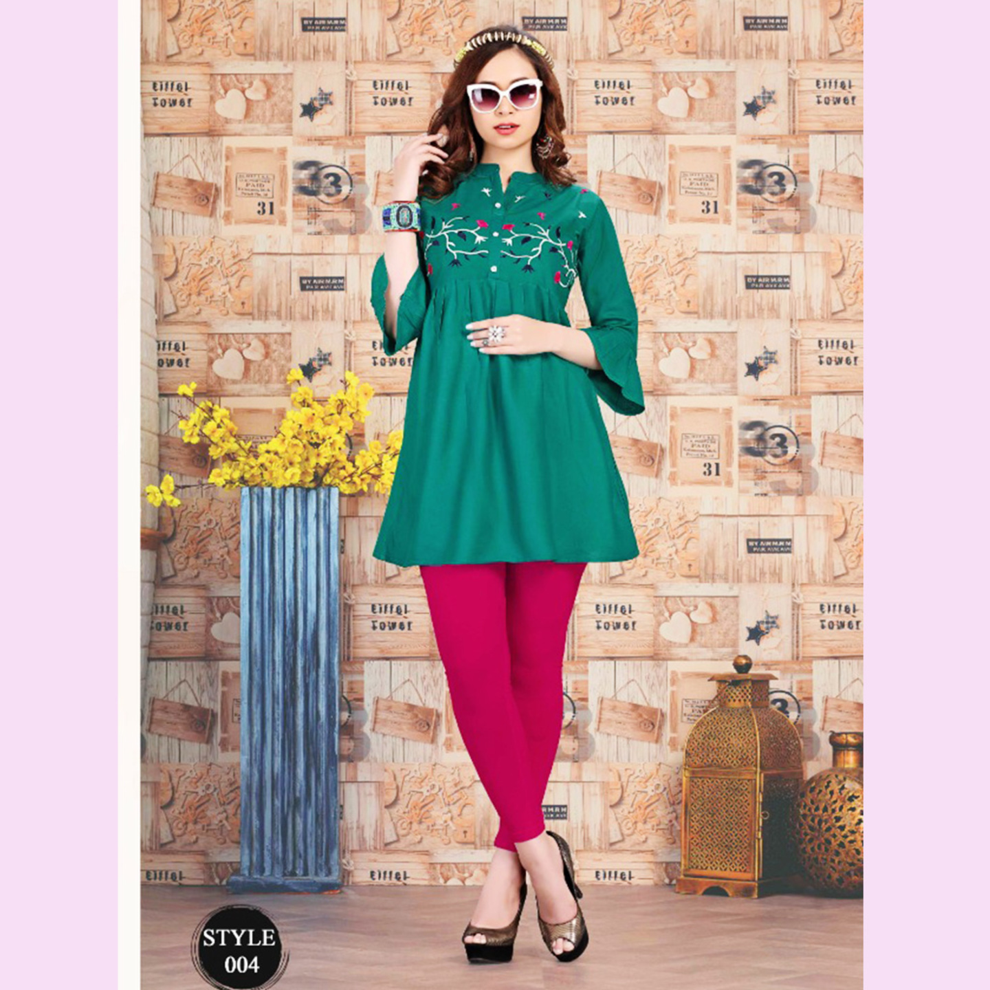 Women Ocean Green Embroidered Detail Tie-up Neck A-Line Tunic