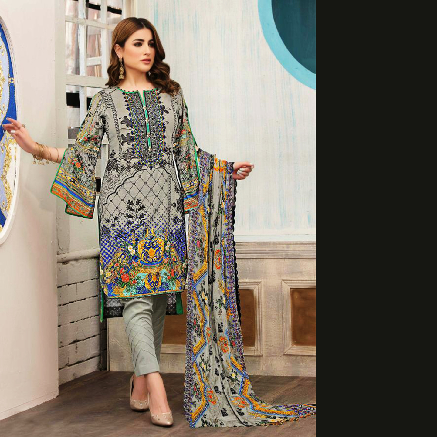 Talk By Fashion Women Pure Lawn Cotton Karachi Dress Material Light Gray