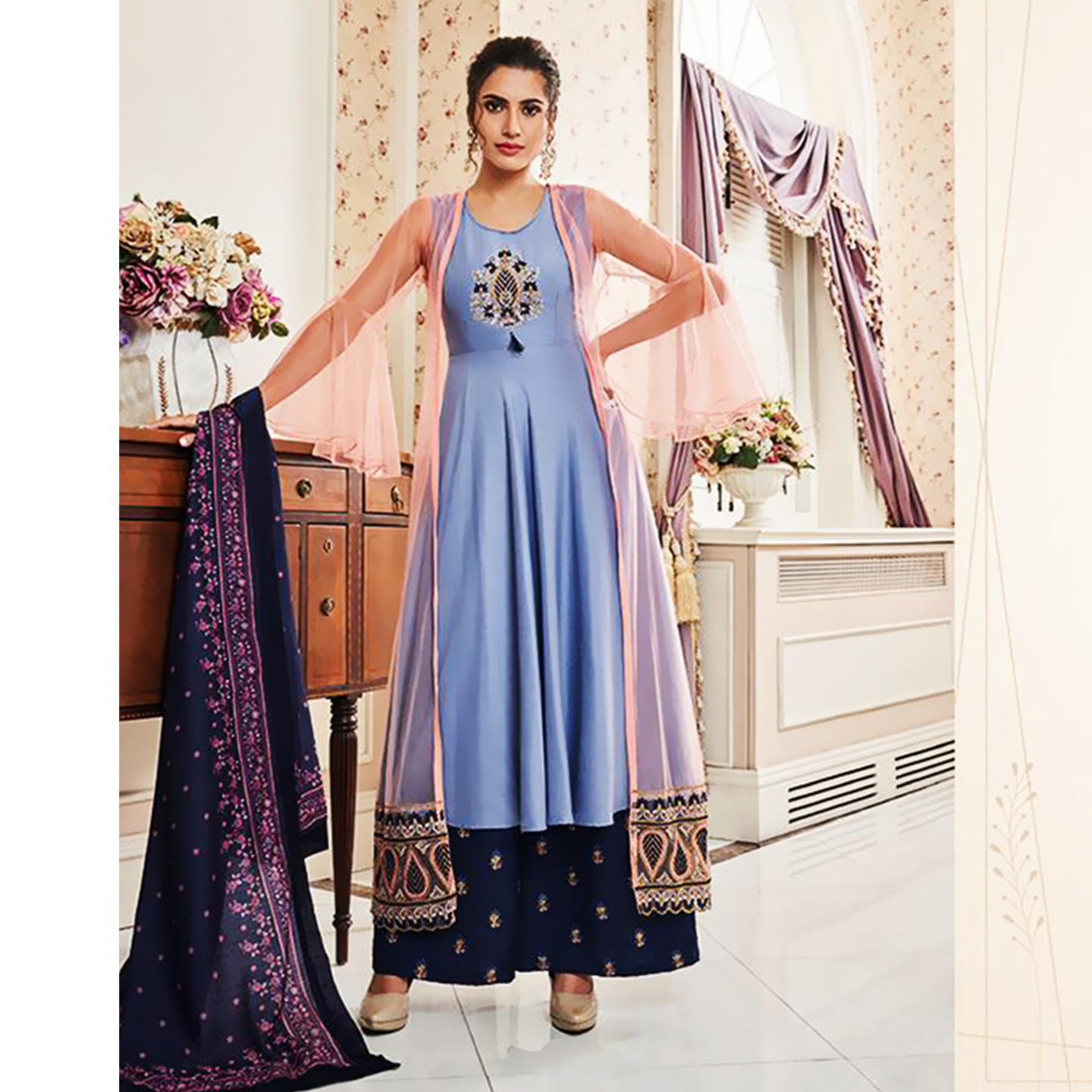 Talk By Fashion Women Heavy Muslin Embroidered Anarkali Suit Set Light Blue