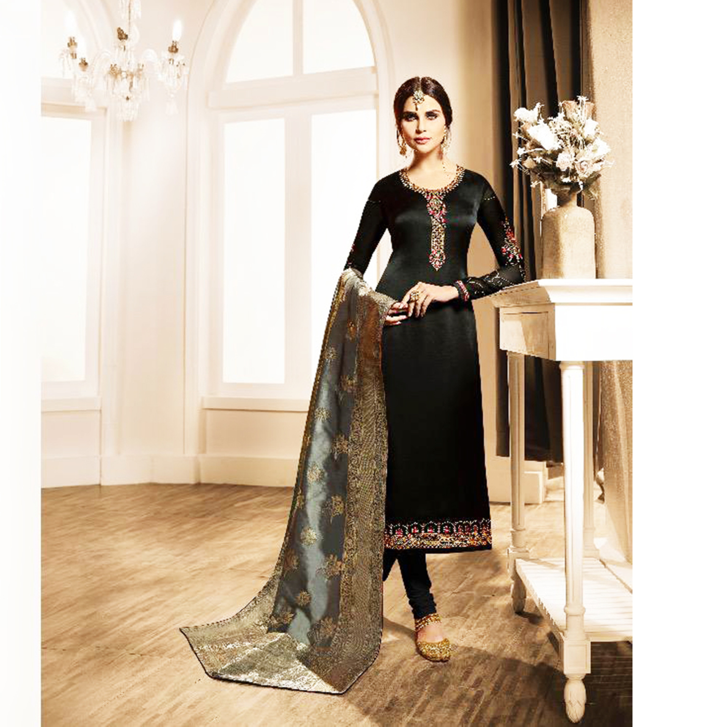 Talk By Fashion Women Satin Georgette Embroidered Dress Material Black