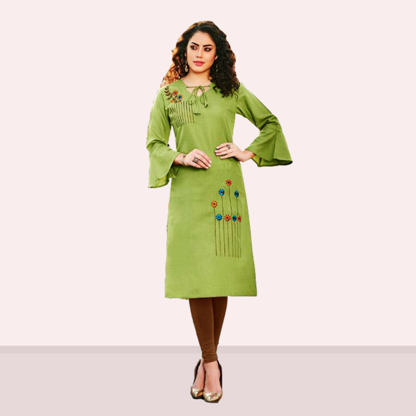 Talk By Fashion Women Cotton Slub Embroidered Kurti Pista Green