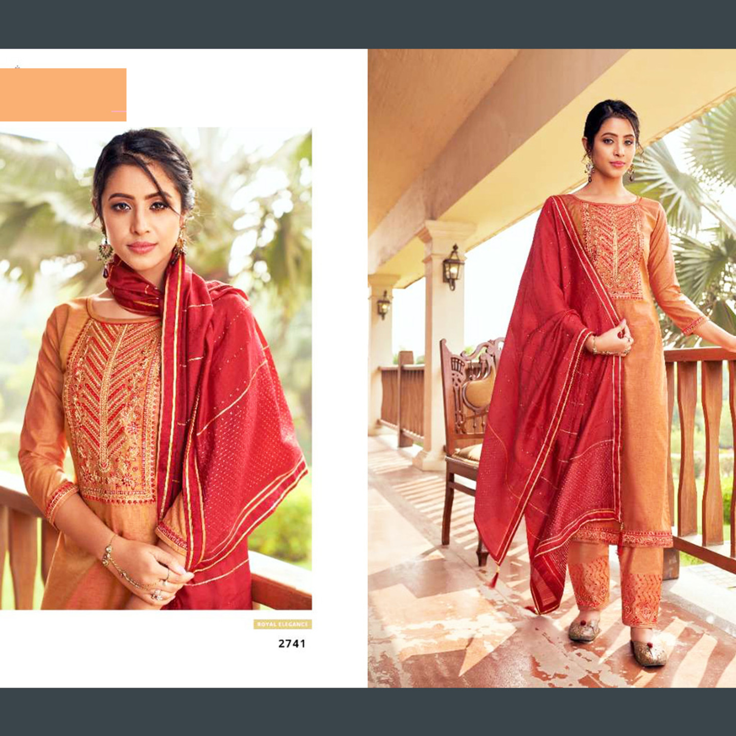 Women Dark Peach Color Embroidered Pure Cotton Silk Kurta with Pants & Dupatta