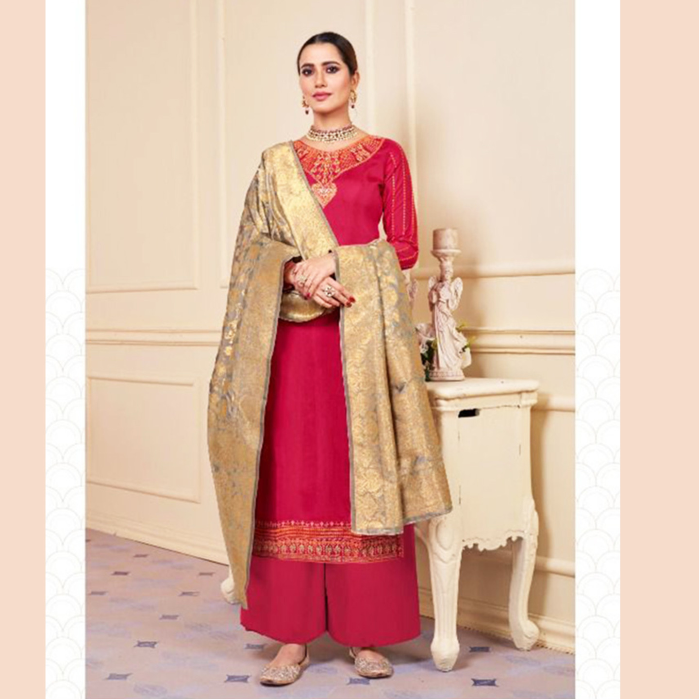 Women Green Embroidered Kurta with Palazzo & Banarasi Dupatta Set