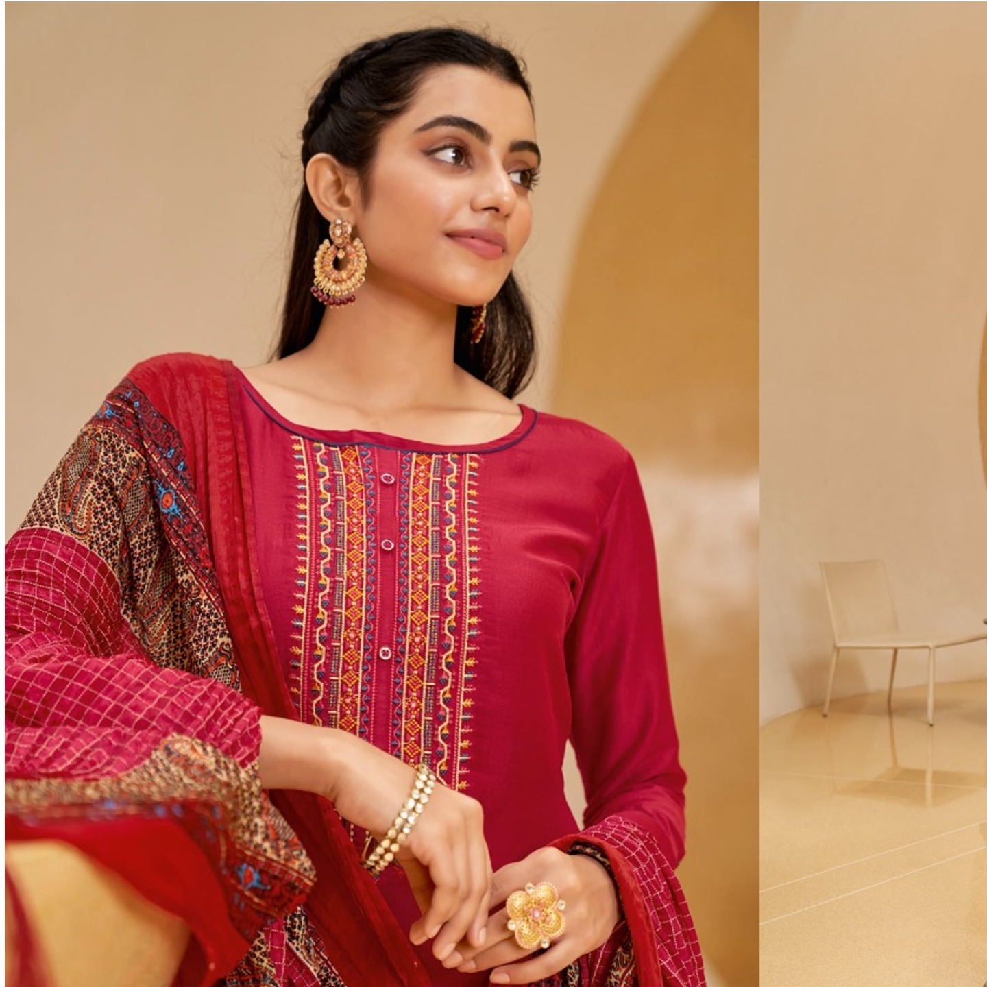 Talk By Fashion Women Dark Pink Embroidered Silk Kurta with Pants & Dupatta
