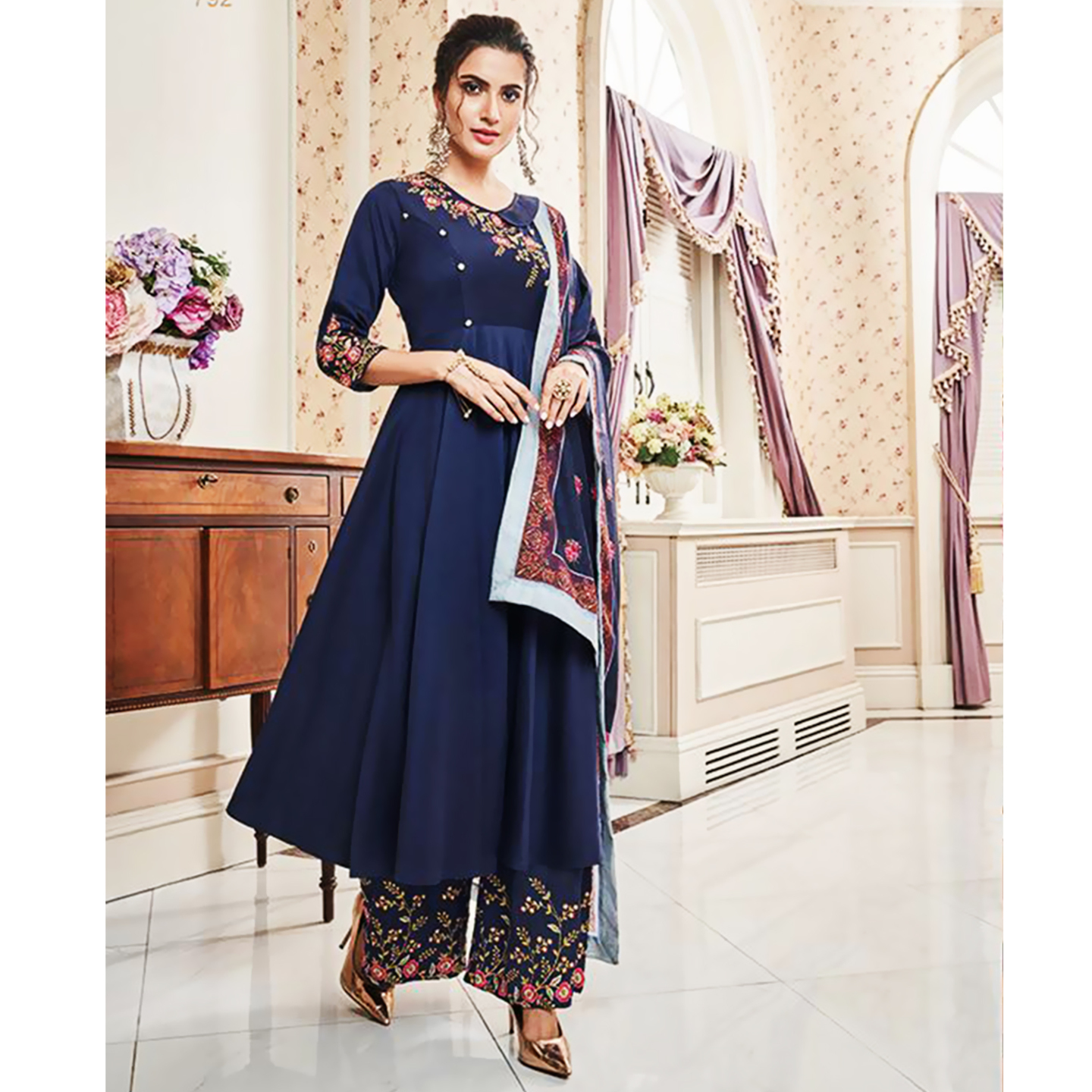 Talk By Fashion Women Heavy Muslin With Butterfly Net Embroidered Anarkali Suit Set