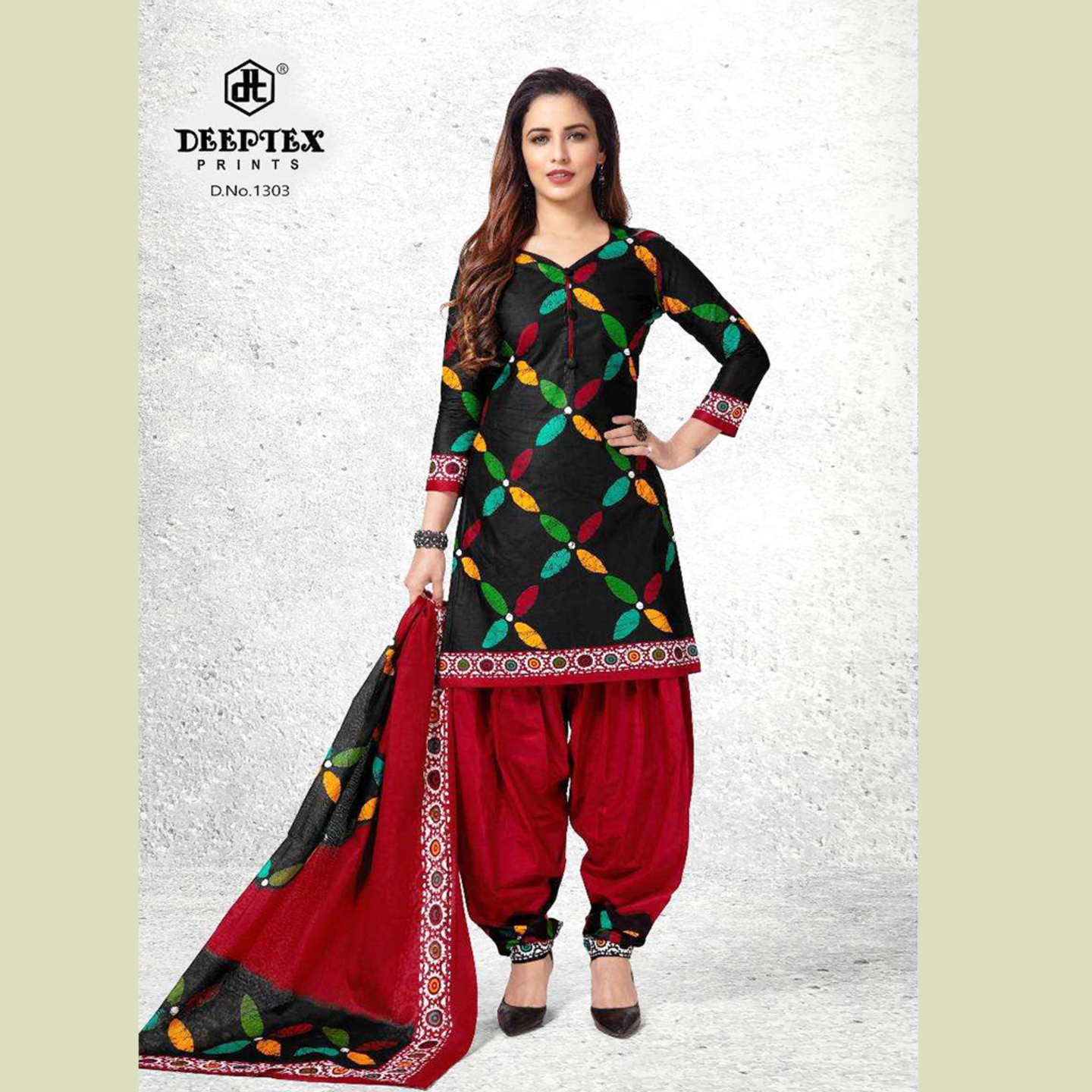 Deeptex Women Black & Red Color Batik Print Unstitched Dress Material