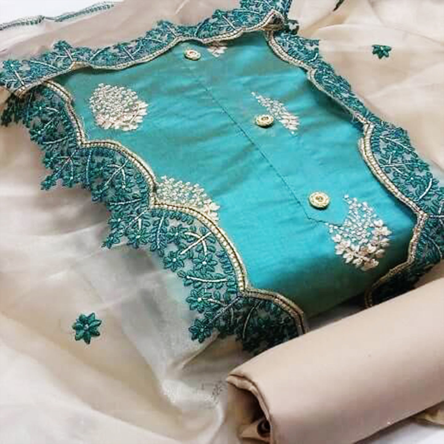Women Chanderi Ocean Blue Color Embroidered Unstitched Dress Material