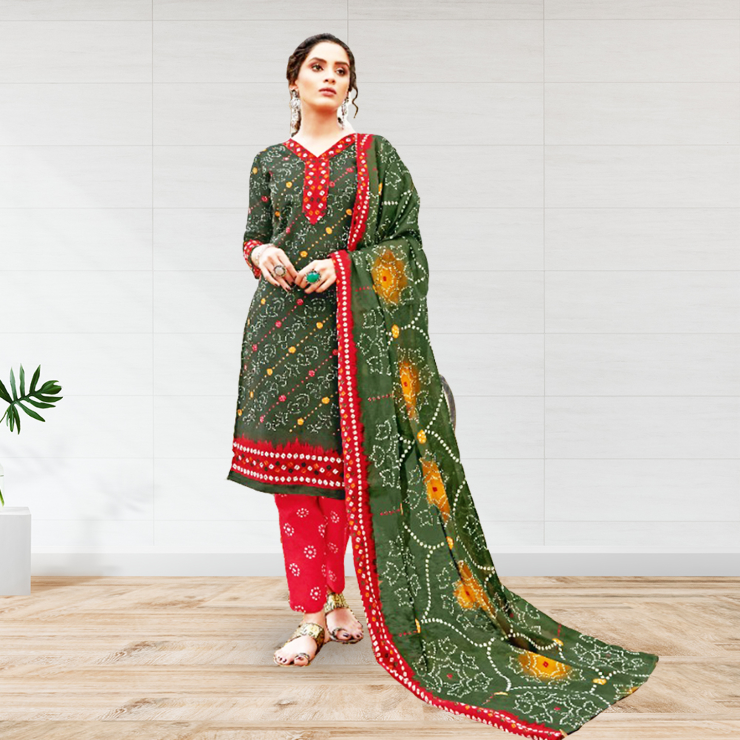 Talk By Fashion Women Soft Cotton Bandhani Print  Dress Material Green