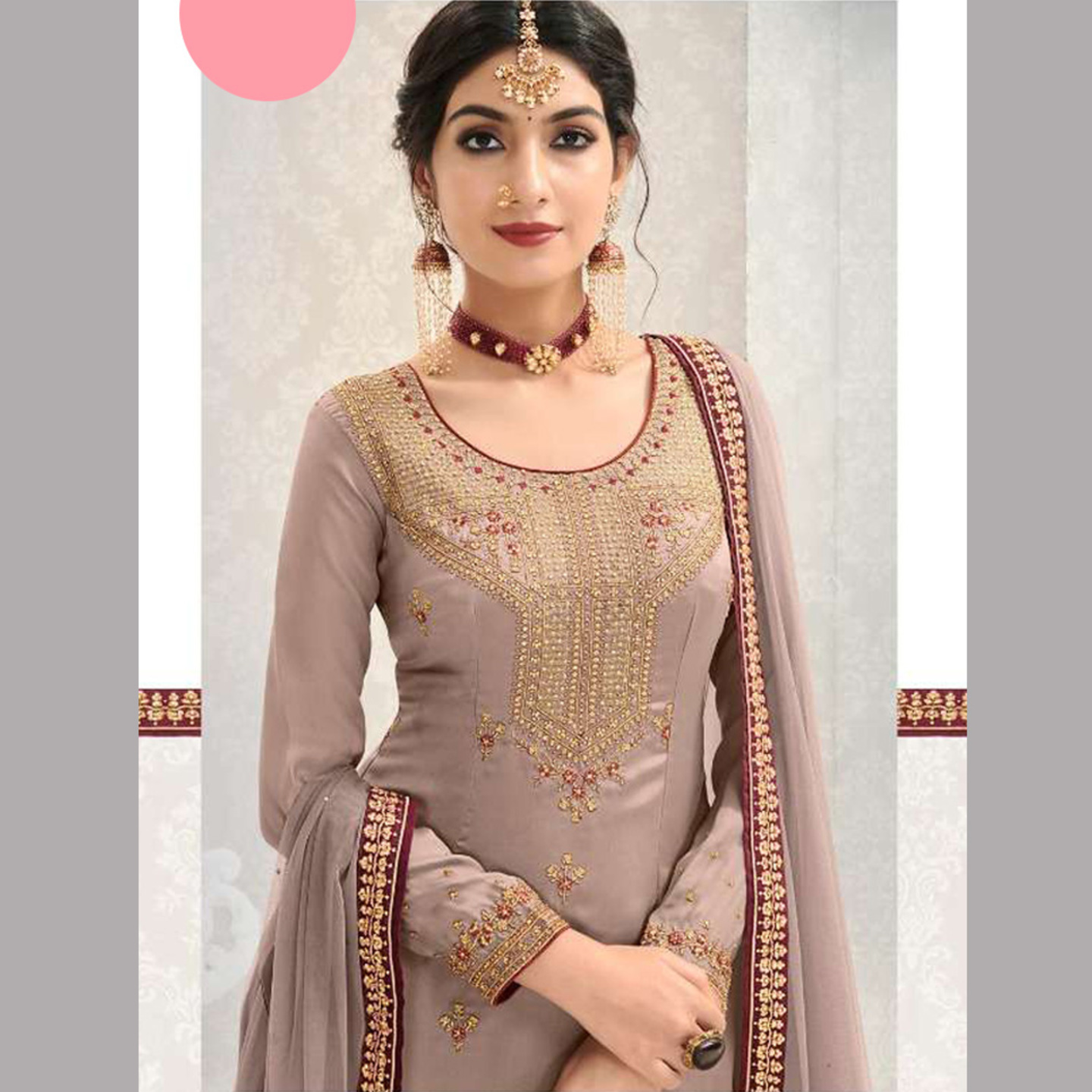 Talk By Fashion Women Golden Beige Embroidered Kurta with Palazzo & Dupatta
