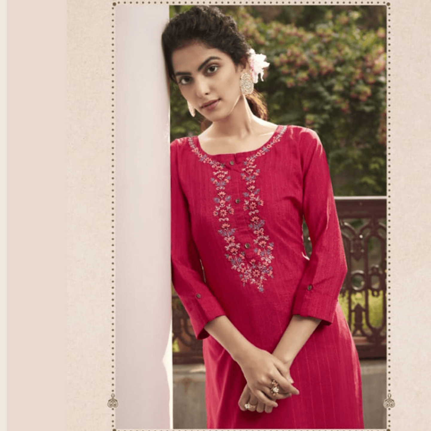 Talk By Fashion Women Embroidered Magenta Color Cotton Linen Straight Kurti