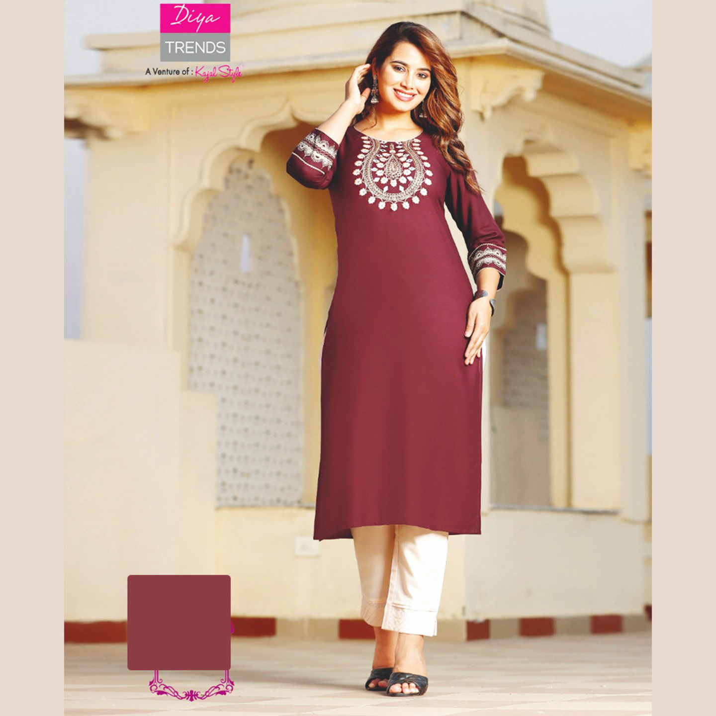 Liva Fashion Women Embroidered Wine Color A-line Kurti