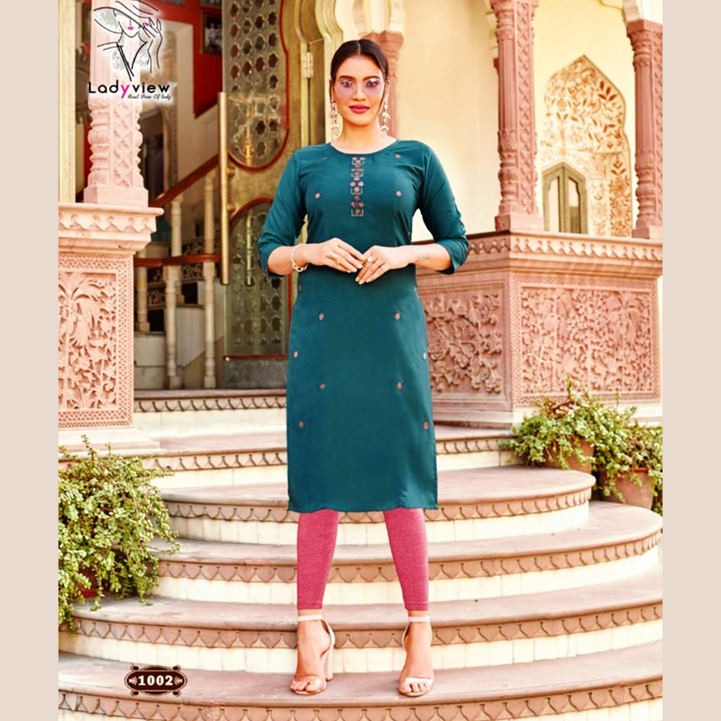Talk By Fashion Women Teal Blue Embroidered Cotton Straight Kurti