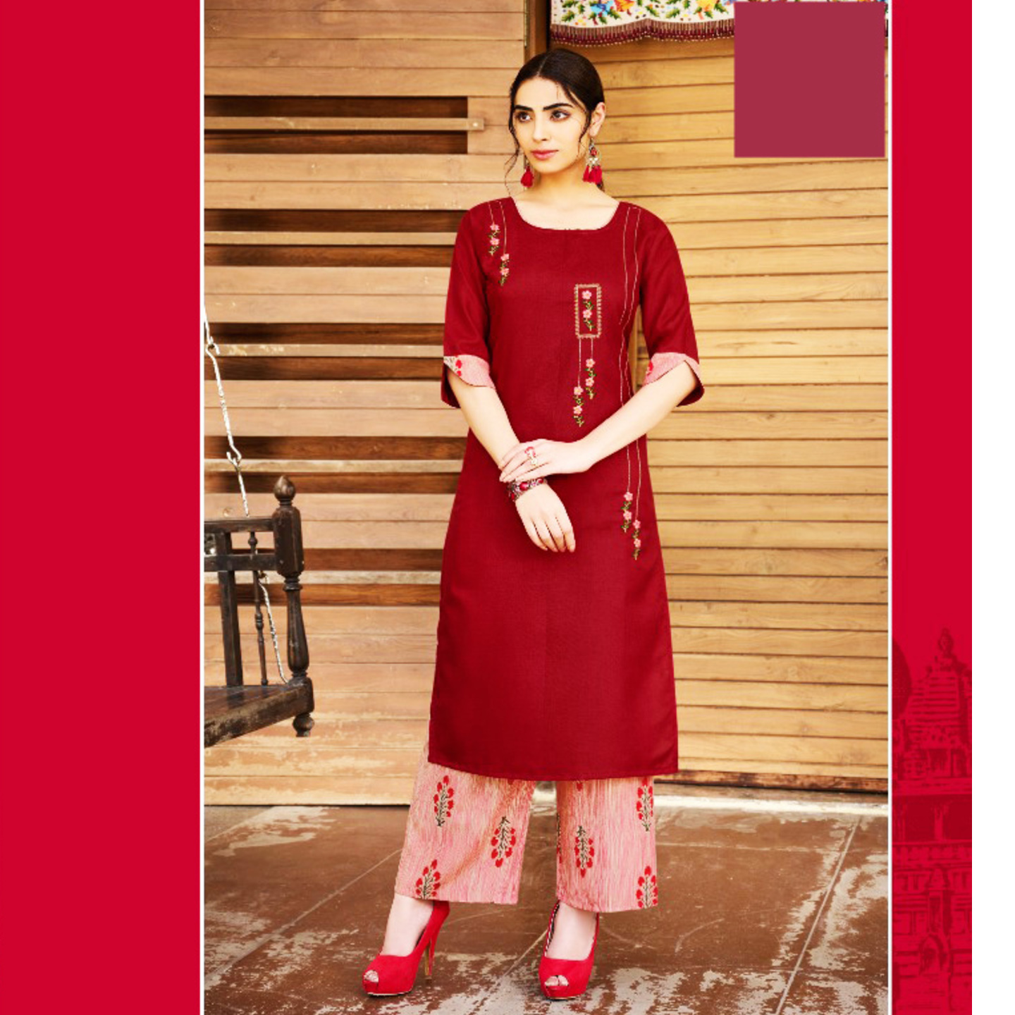 Talk By Fashion Women Cherry Color Cotton Embroidered Kurta and Palazzo Set