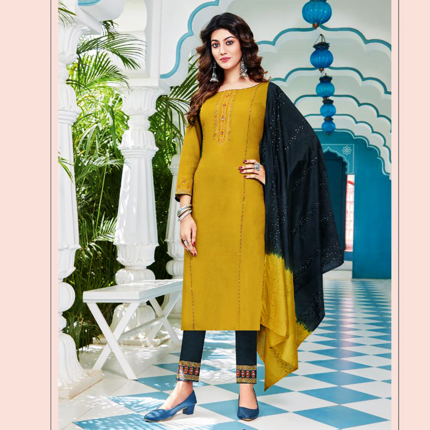 TALK BY FASHION Women Embroidered Kurta with Pants & Dupatta Yellow & Blue