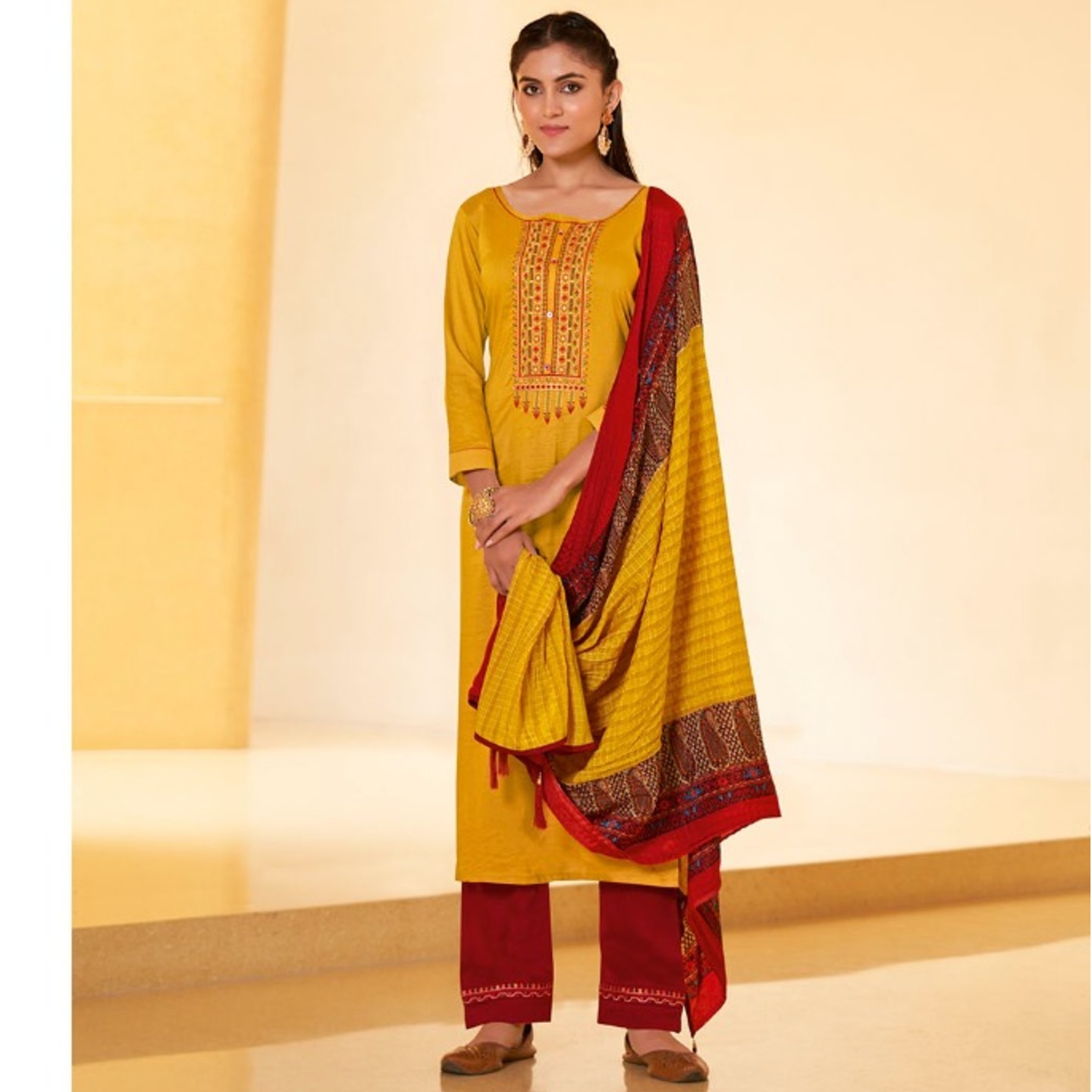 Women Mustered Yellow Color Embroidered Silk Kurta with Pants & Dupatta