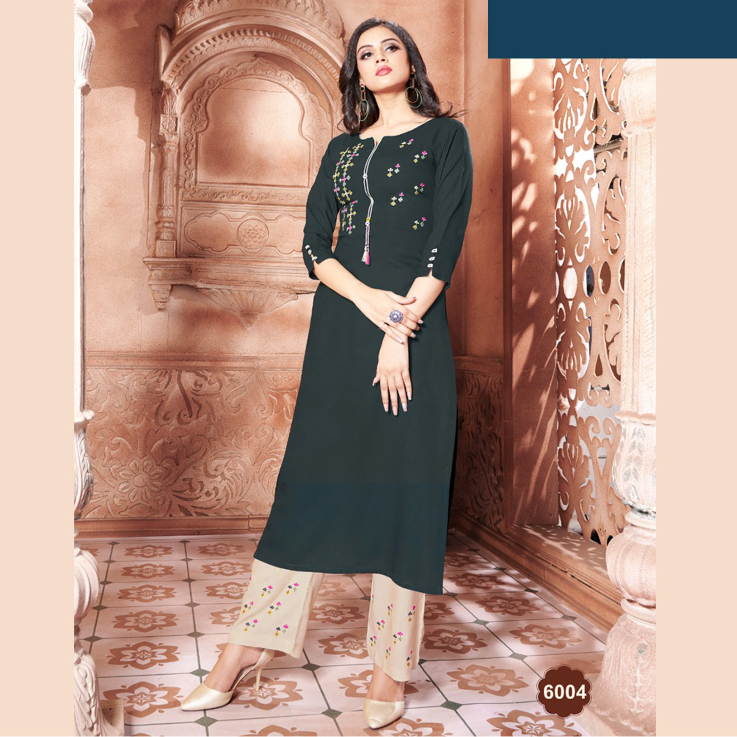 Talk By Fashion Women Dark Pastel Blue Embroidered Kurta with Palazzos