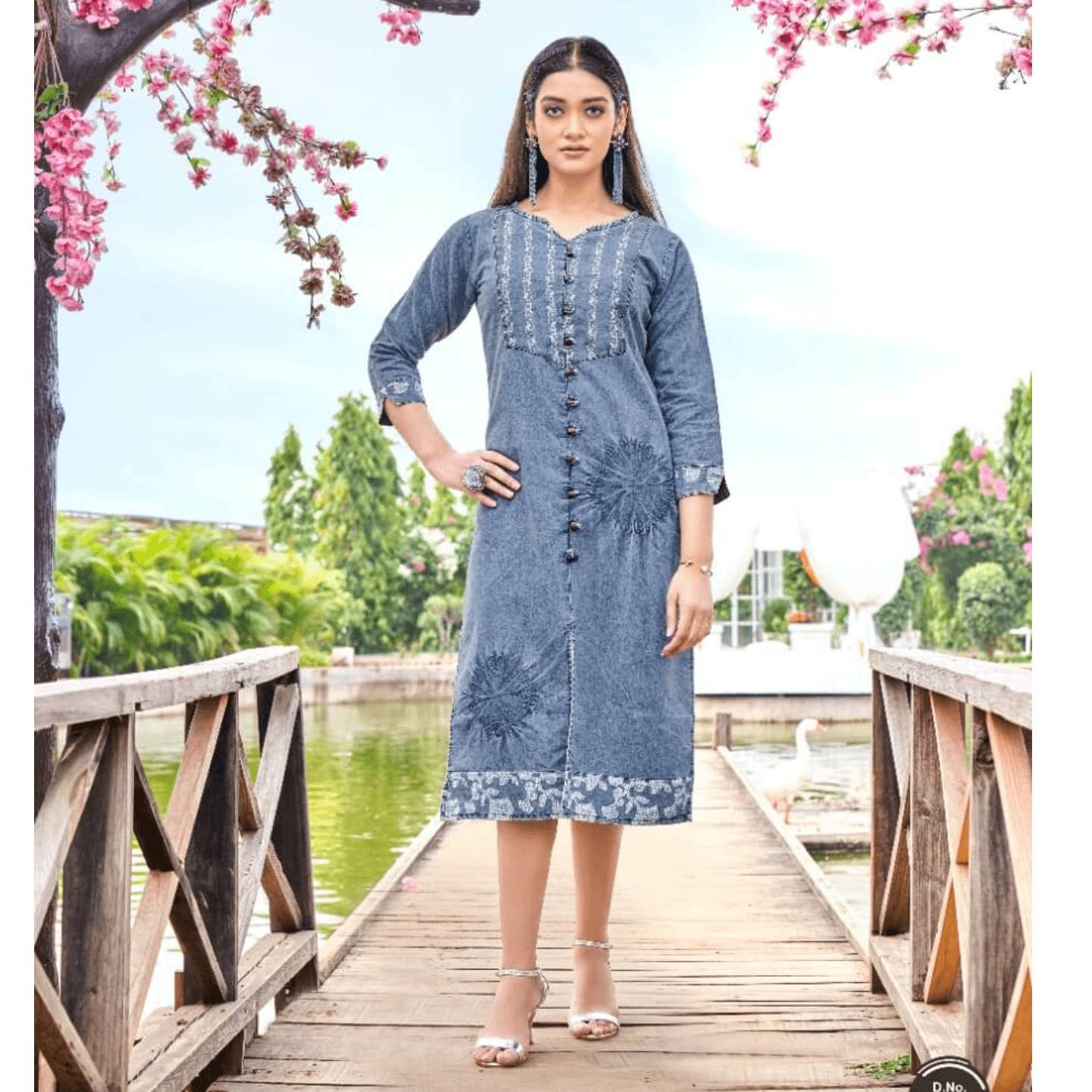 TALK BY FASHION Women Cotton Denim Blue Long Midi Dress